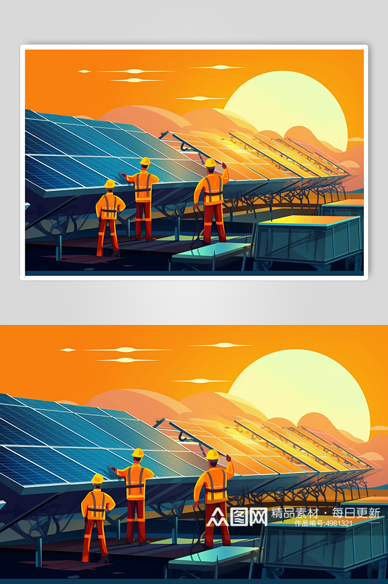 AI数字艺术太阳能光伏板工地新能源插画素材
