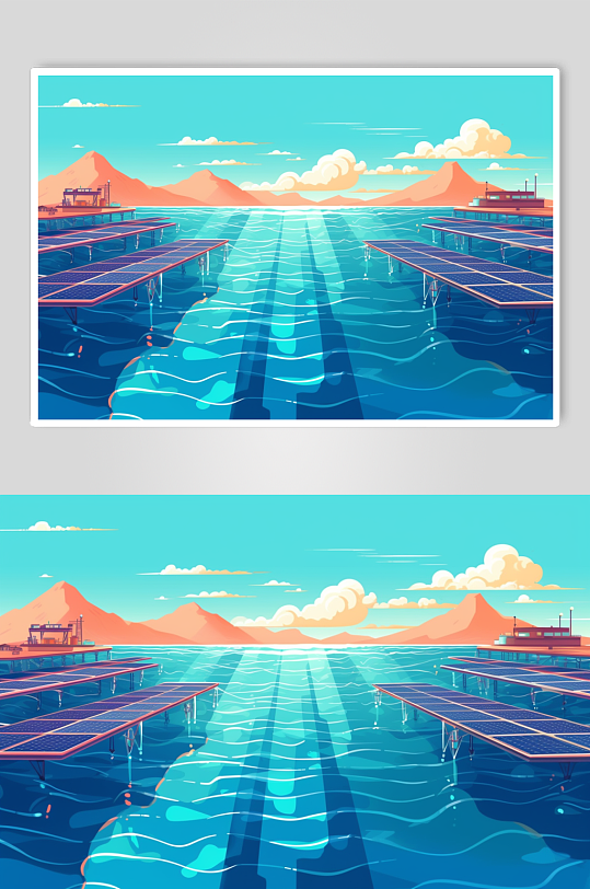 AI数字艺术太阳能光伏板沙漠海上场景插画-众图网