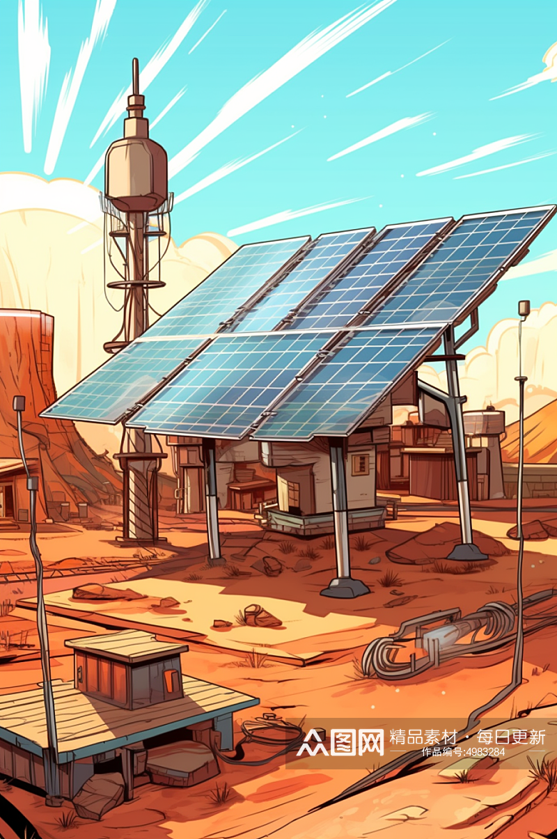 AI数字艺术太阳能光伏板沙漠海上场景插画素材