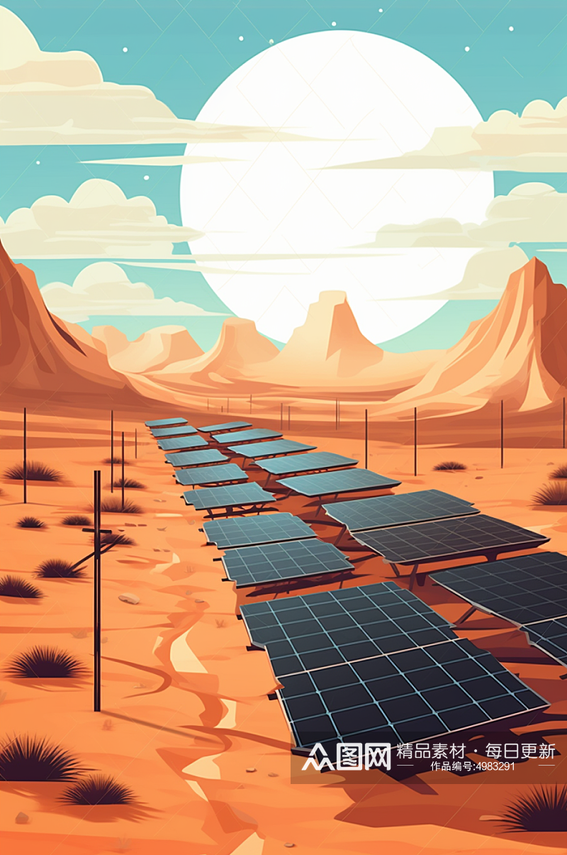 AI数字艺术太阳能光伏板沙漠海上场景插画素材
