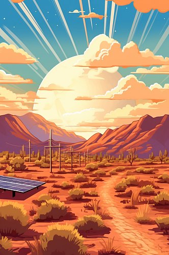 AI数字艺术太阳能光伏板沙漠海上场景插画