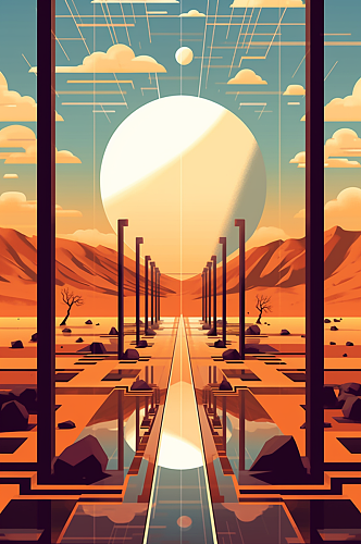 AI数字艺术太阳能光伏板沙漠海上场景插画