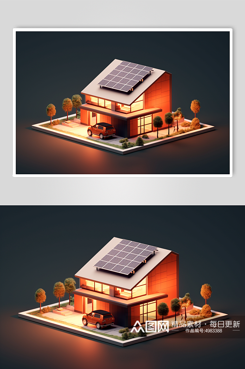AI数字艺术太阳能光伏板屋顶应用场景插画素材