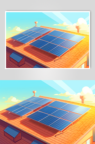 AI数字艺术太阳能光伏板屋顶应用场景插画