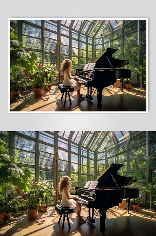 AI数字艺术弹钢琴人物背影摄影图