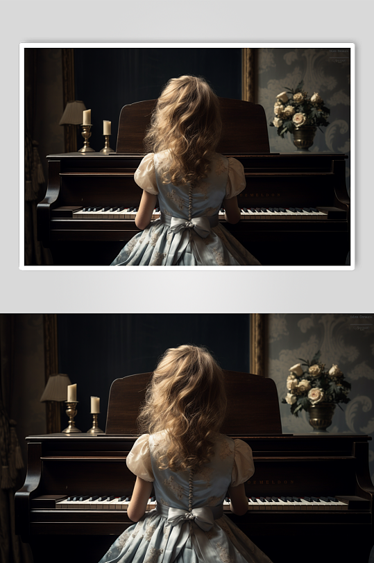 AI数字艺术弹钢琴人物背影摄影图