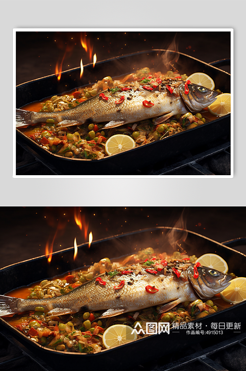 AI数字艺术高清碳烤烤鱼美食摄影图片素材