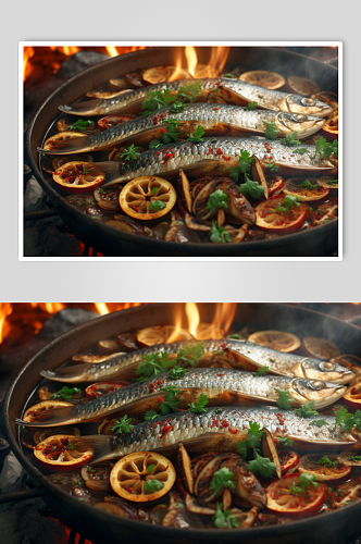 AI数字艺术简约碳烤烤鱼美食摄影图片
