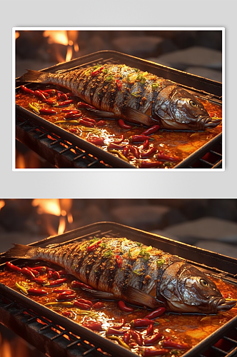 AI数字艺术简约碳烤烤鱼美食摄影图片