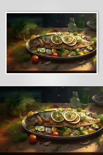 AI数字艺术美味碳烤烤鱼美食摄影图片