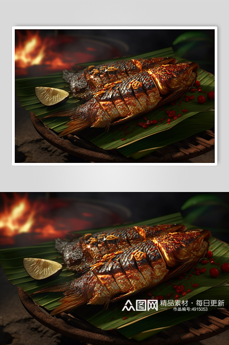 AI数字艺术简洁碳烤烤鱼美食摄影图片素材