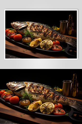 AI数字艺术碳烤烤鱼美食摄影图