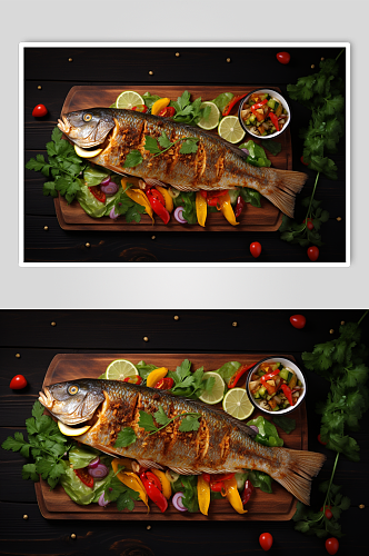 AI数字艺术碳烤烤鱼美食摄影图