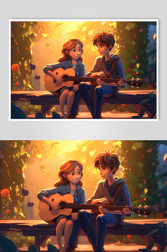 AI数字艺术情人节情侣约会弹琴人物模型-众图网