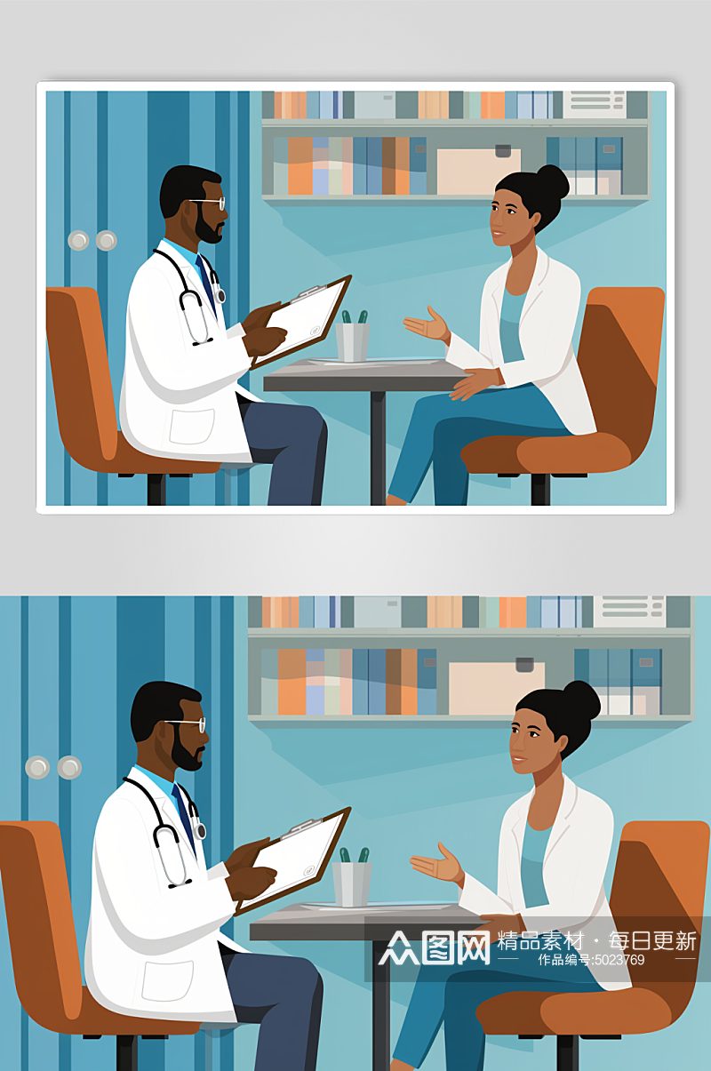 AI数字艺术扁平化医生患者交谈场景插画素材