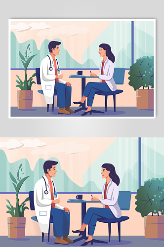 AI数字艺术扁平化医生患者交谈场景插画