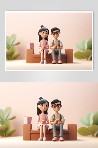 AI数字艺术卡通情人节七夕情侣人物模型