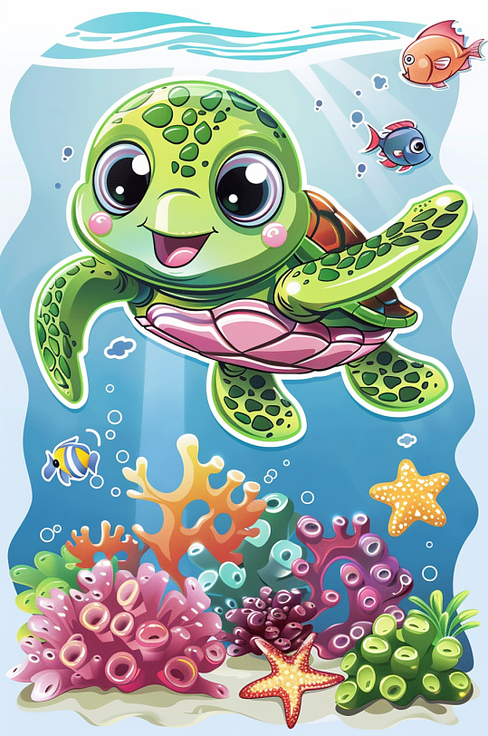 AI数字艺术卡通海洋动物海龟涂鸦插画贴纸-众图网