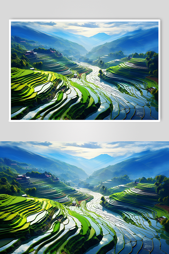 AI数字艺术梯田自然风景插画-众图网