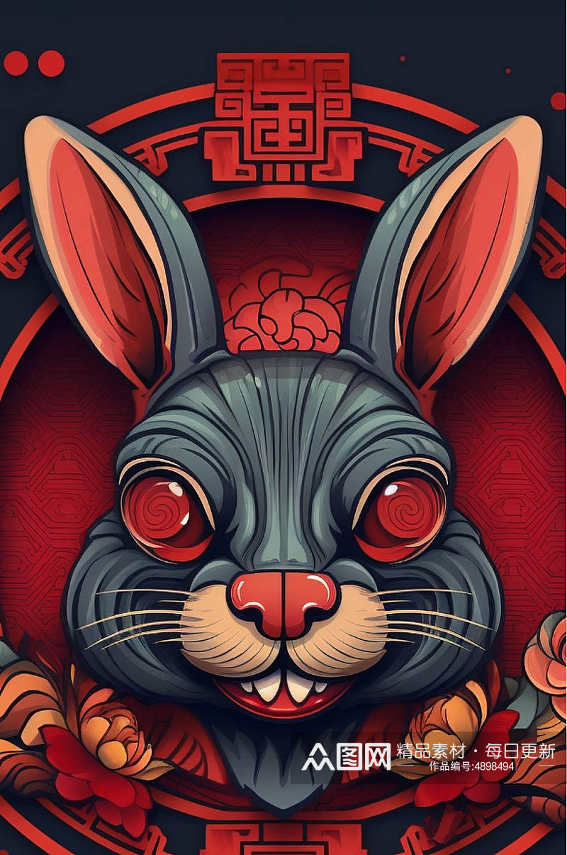 AI数字艺术精美花纹兔年动物纹样插画素材