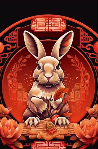 AI数字艺术精美花纹兔年动物纹样插画