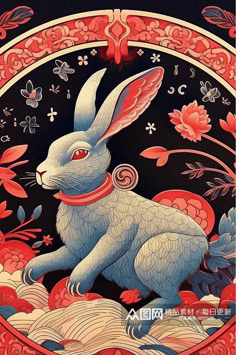 AI数字艺术精美花纹兔年动物纹样插画素材