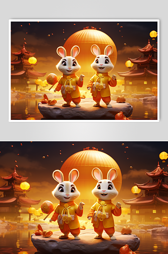 AI数字艺术中国传统中秋节兔子月饼插画