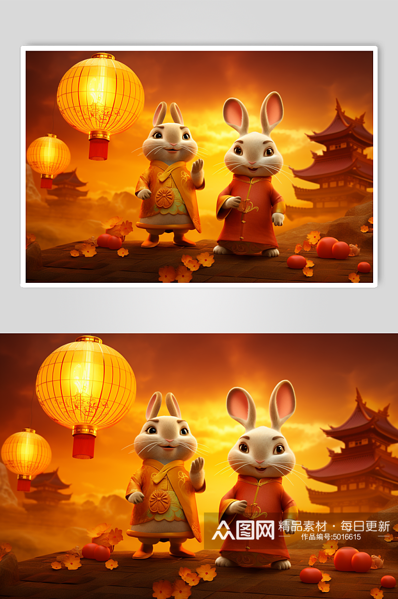 AI数字艺术中国传统中秋节兔子月饼插画素材