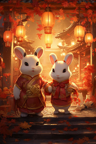 AI数字艺术中国传统中秋节兔子月饼插画