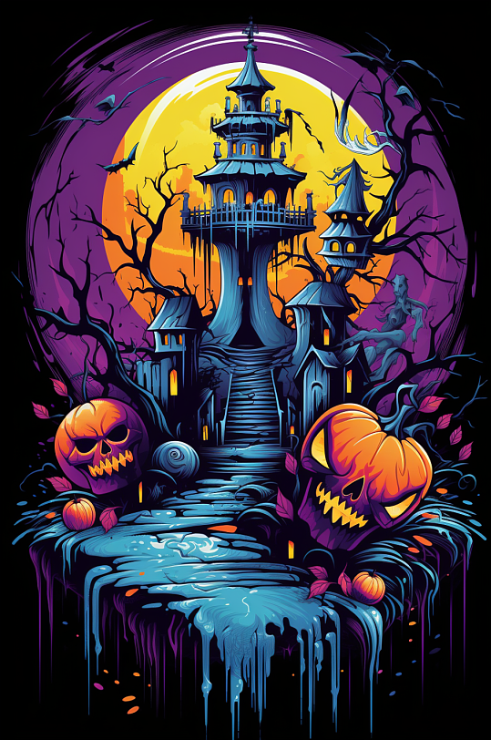 AI数字艺术万圣节万圣夜恶魔城堡背景插画-众图网