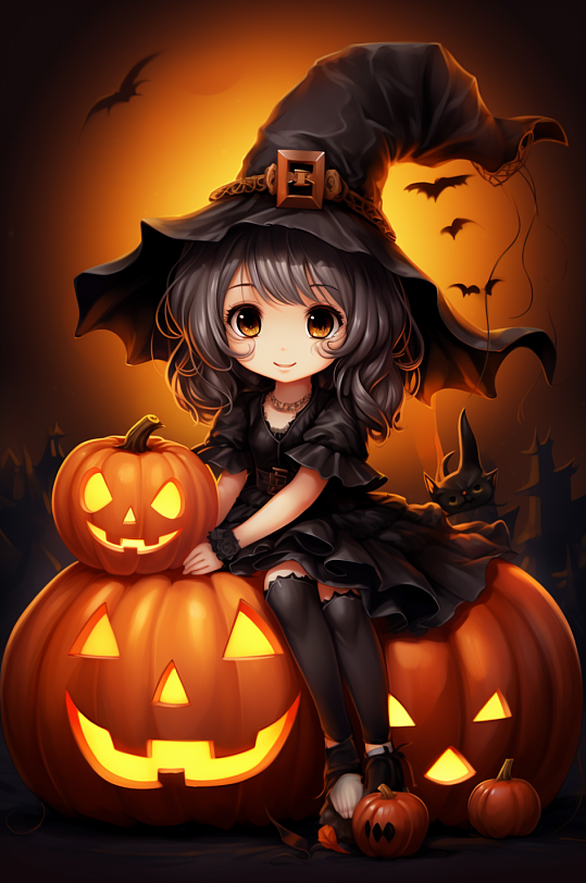 AI数字艺术万圣节女巫小魔女卡通插画-众图网