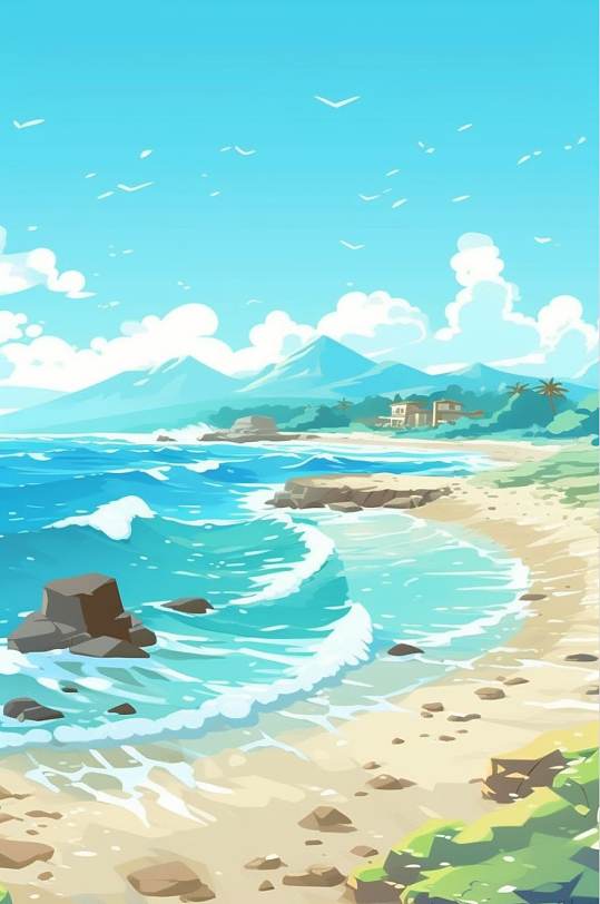 AI数字艺术手绘油画风海边晚霞风景图片