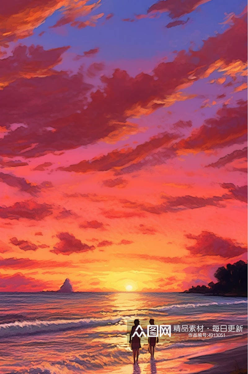 AI数字艺术手绘油画风海边晚霞风景图片素材