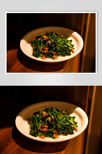 油渣炒油菜花餐馆餐厅菜品摄影图片