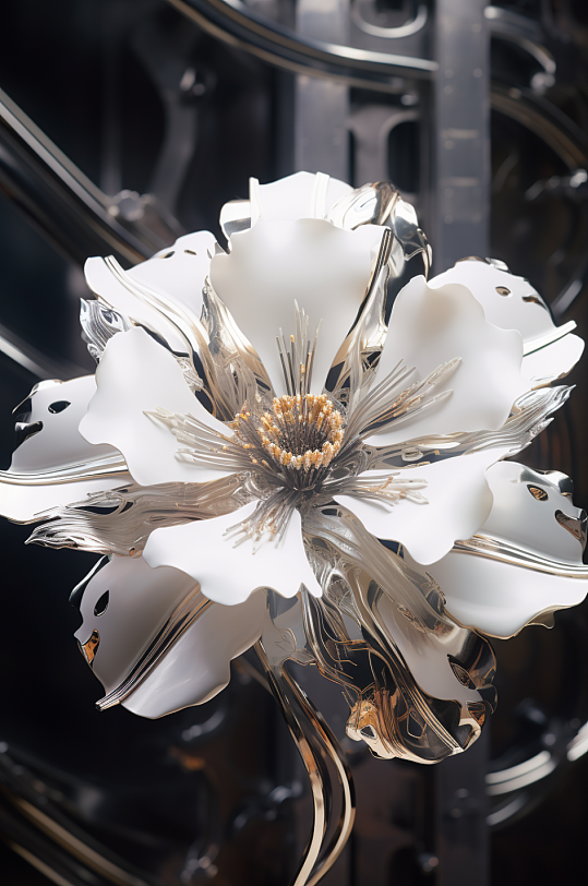 AI数字艺术未来概念金属琉璃有机花卉图片