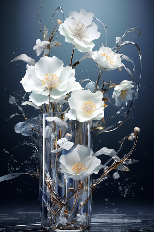 AI数字艺术未来概念金属琉璃有机花卉图片