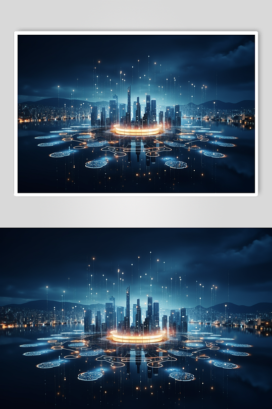 AI数字艺术未来感科技化城市夜晚背景插画