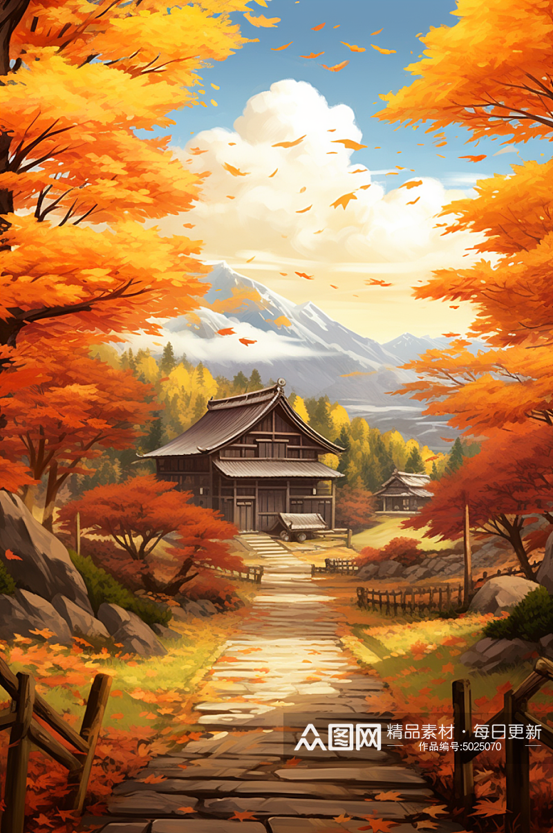 AI数字艺术秋天秋季唯美风景插画素材