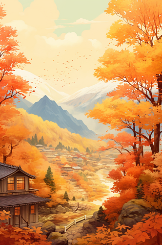 AI数字艺术秋天秋季唯美风景插画