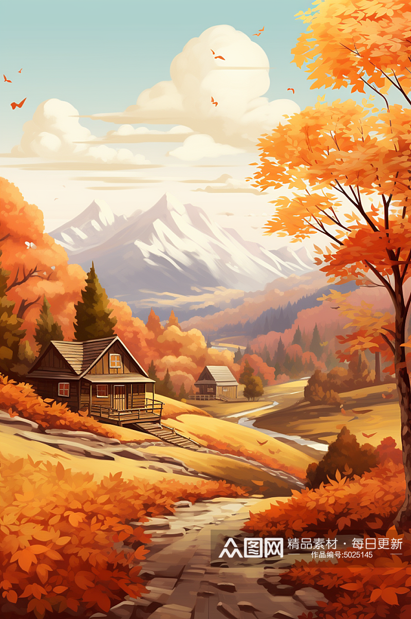 AI数字艺术秋天秋季唯美风景插画素材
