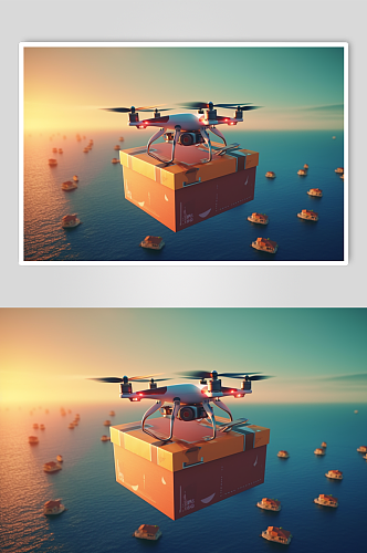 AI数字艺术卡通无人机运送包裹物资摄影图