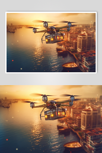 AI数字艺术卡通无人机运送包裹物资摄影图