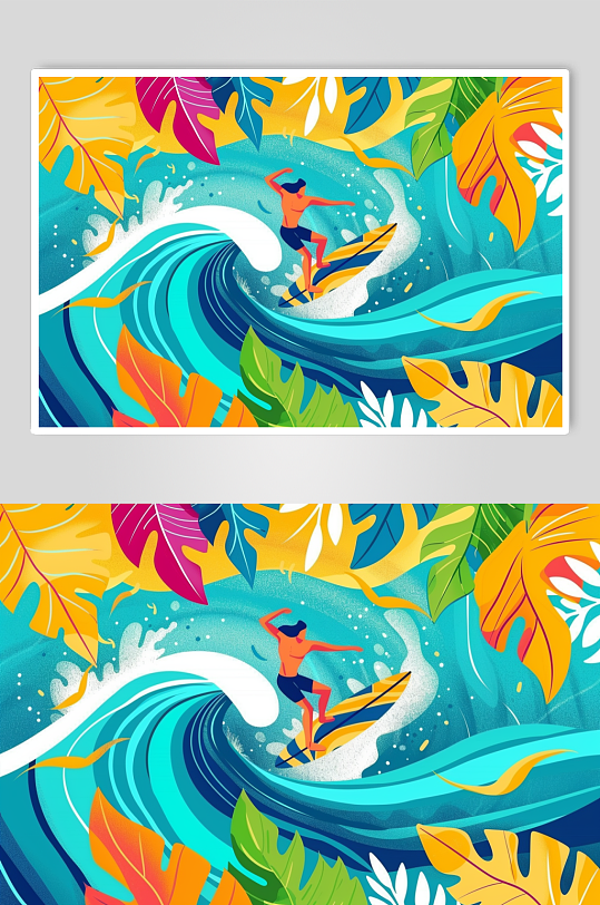 AI数字艺术扁平化夏季海滩冲浪运动插画-众图网