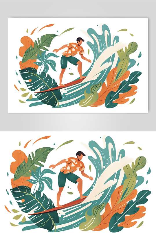 AI数字艺术扁平化夏季海滩冲浪运动插画-众图网
