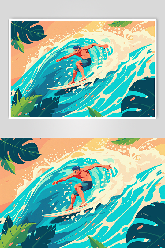 AI数字艺术扁平化夏季海滩冲浪运动插画-众图网