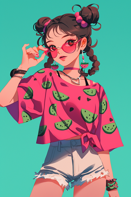 AI数字艺术夏季卡通人物头像插画-众图网