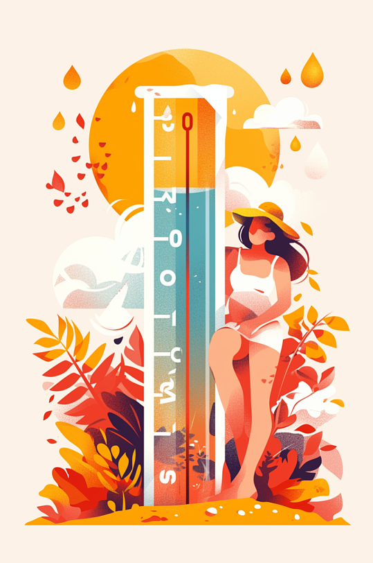 AI数字艺术夏季高温人物温度计三伏天插画