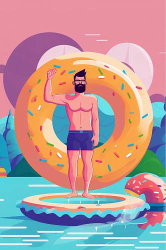 AI数字艺术西瓜夏季美食音乐海边游泳人物插画
