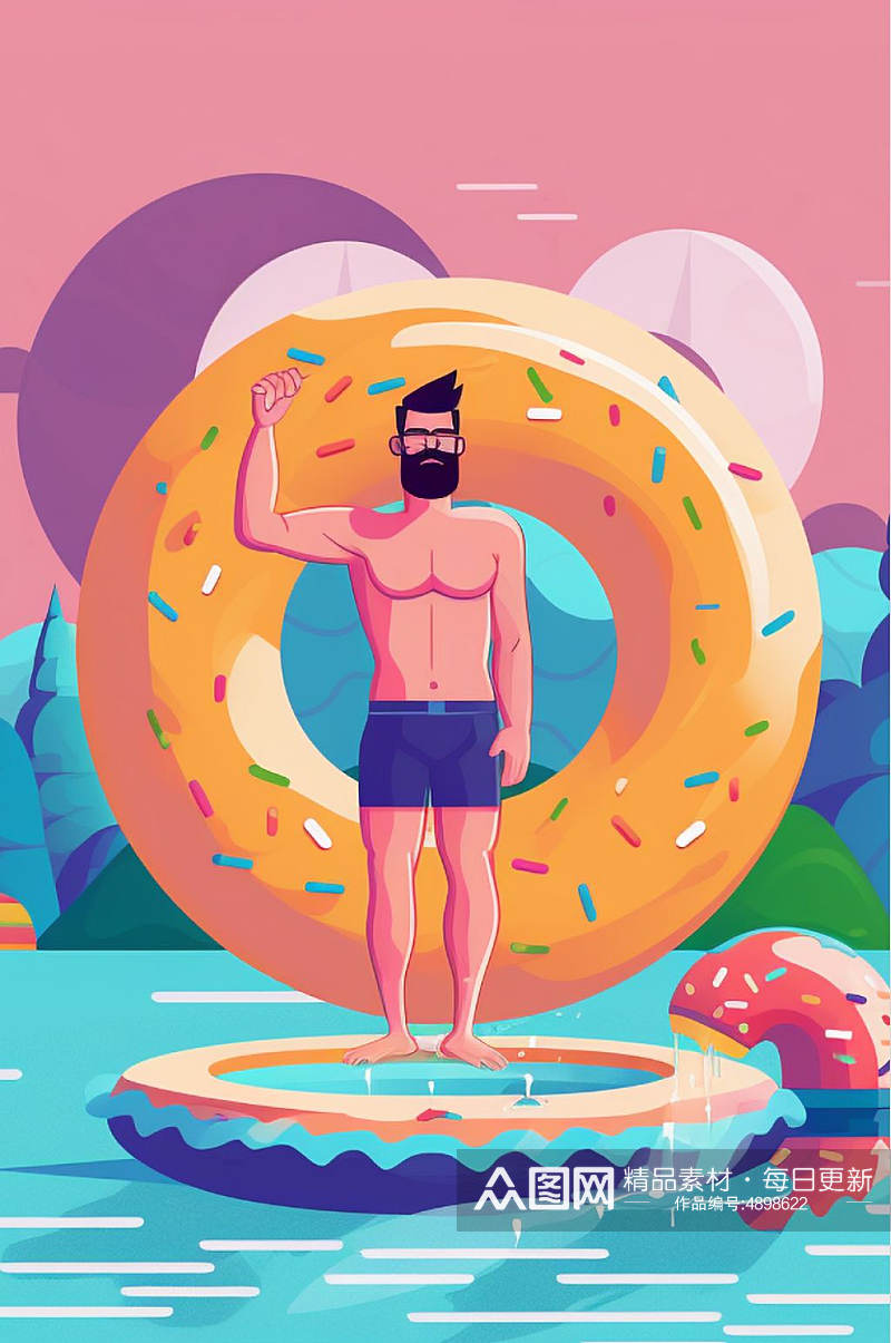 AI数字艺术西瓜夏季美食音乐海边游泳人物插画素材