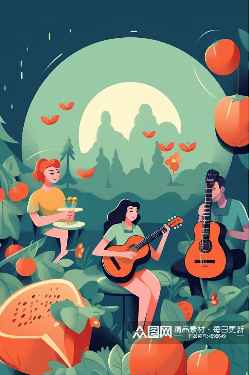 AI数字艺术奏乐夏季美食音乐节露营人物插画素材